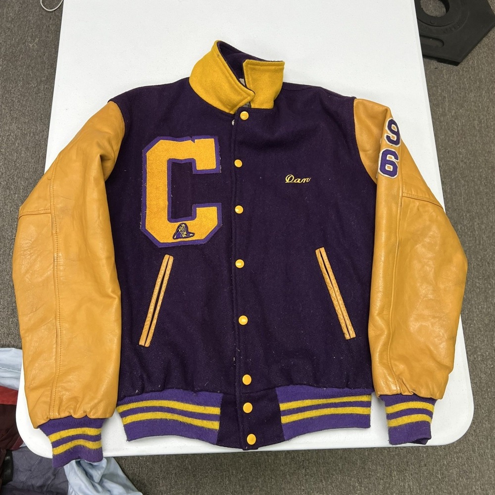 1987 Vintage Varsity Letterman Jacket Mens Large Purple Yellow Leather Sleeves